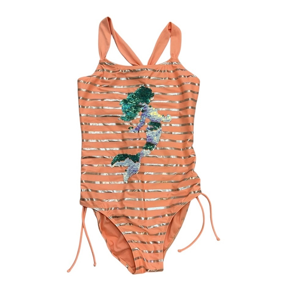 Justice Orange and Green One Piece Swimsuit with Floral Design